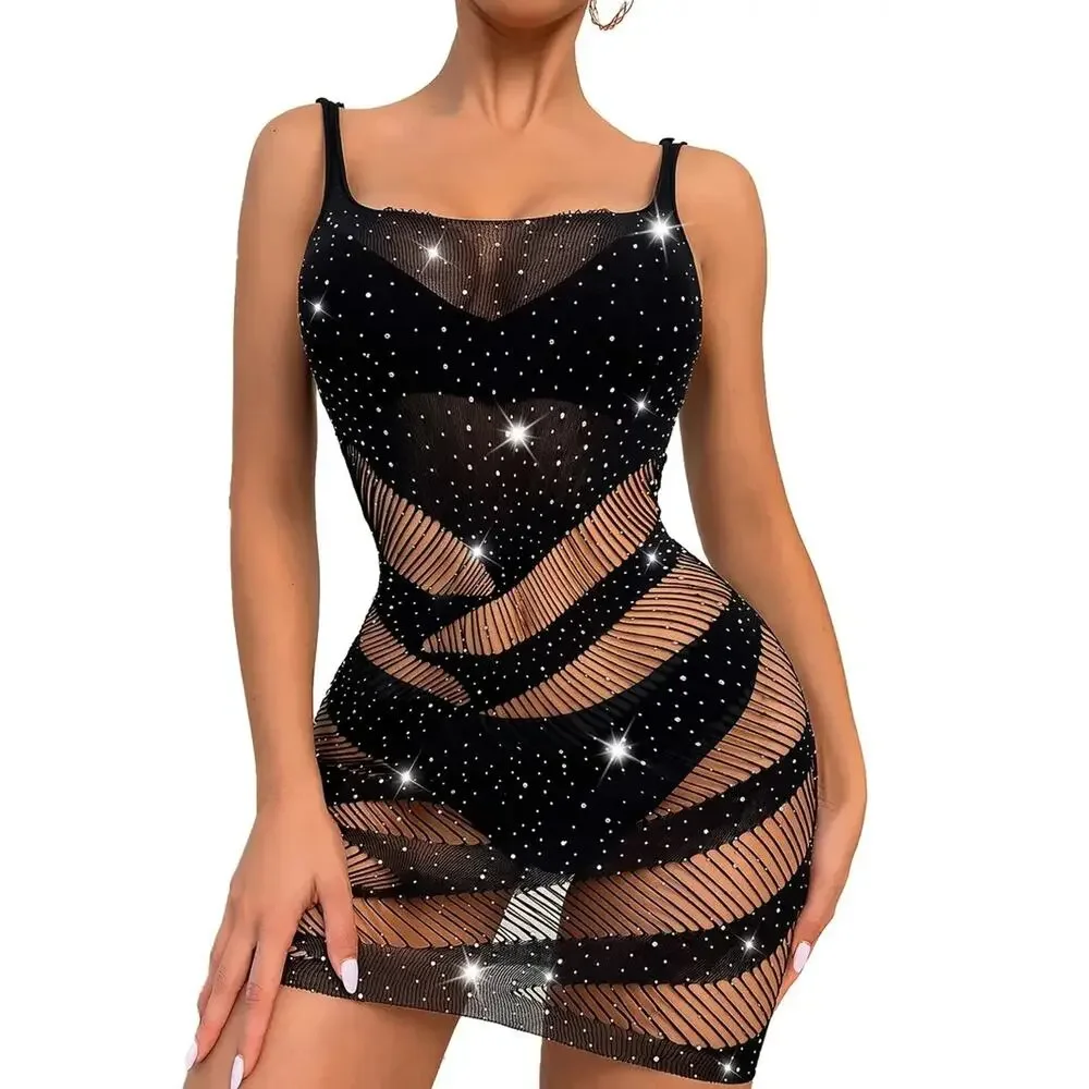 Black Rhinestone Decor Beach Cover Up Dress Without Bikini, One Size
